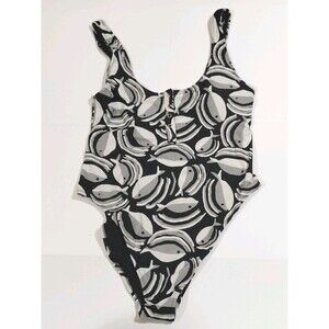 Aerie Black Gray Fish Print One 1-Piece Swim Bathing Suit Hi-Cut Leg Henley XL